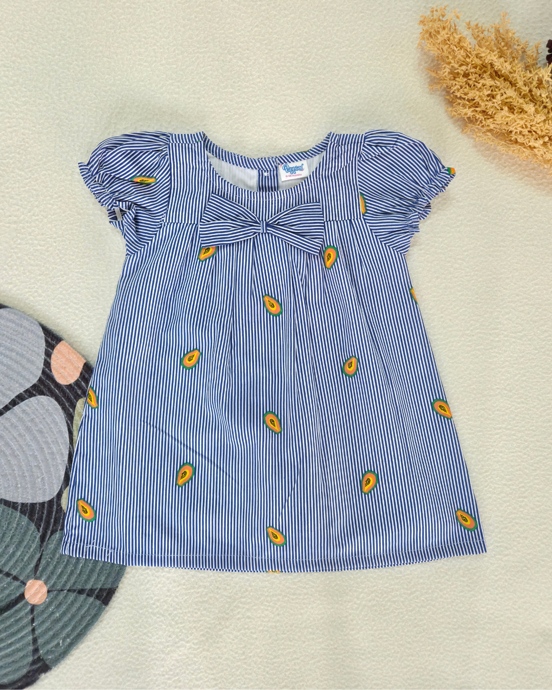 Stripes & Papaya - Cotton Woven baby frock with soft lining