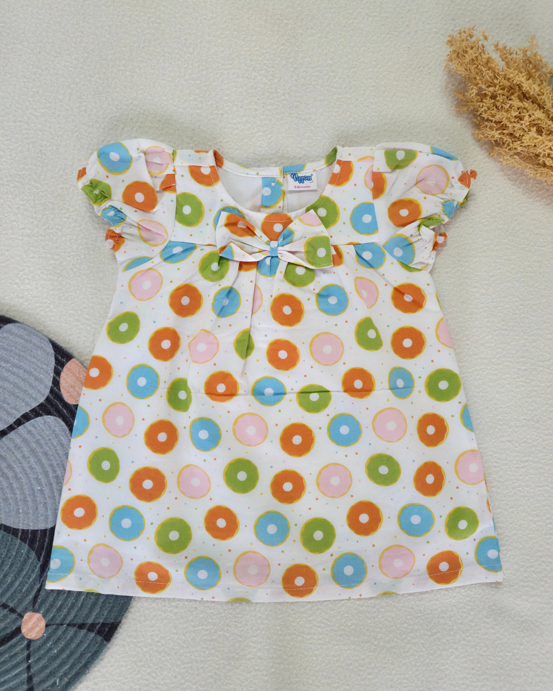 White Donuts - Cotton Woven baby frock with soft lining