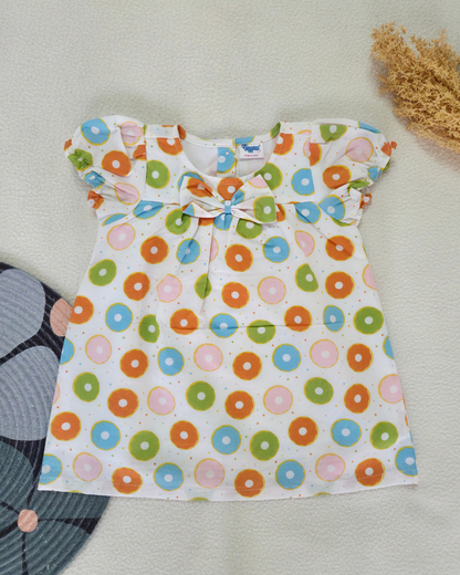White Donuts - Cotton Woven baby frock with soft lining