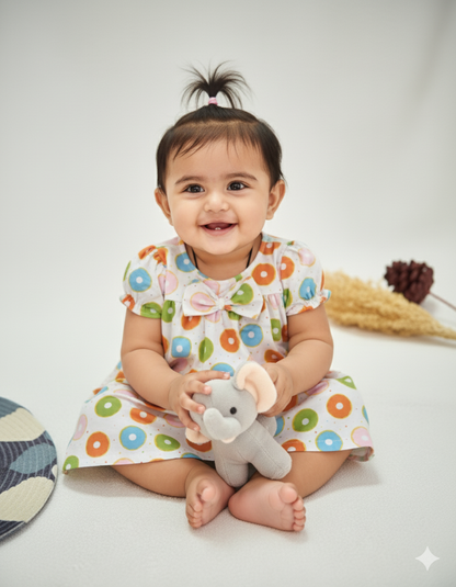 White Donuts - Cotton Woven baby frock with soft lining