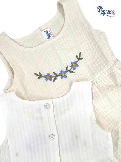Ivory Sleeveless Frock - Embroidery