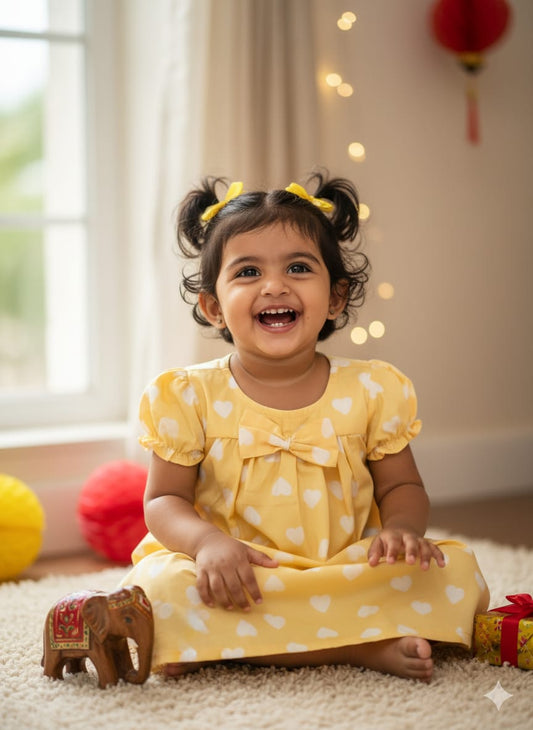 White Hearts - Cotton Woven baby frock with soft lining